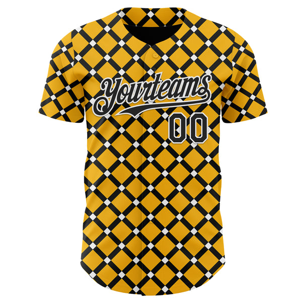Custom Gold Black-White Geometric Diamond Grid Rhombus Authentic Baseball Jersey