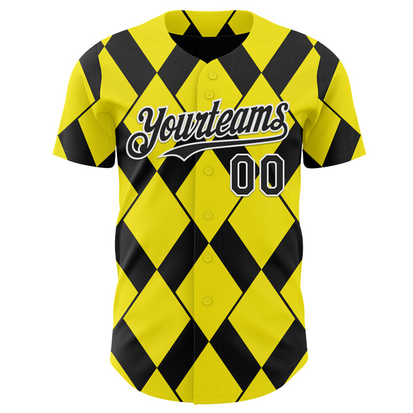 Custom Light Yellow Black-White Geometric Diamond Grid Rhombus Authentic Baseball Jersey