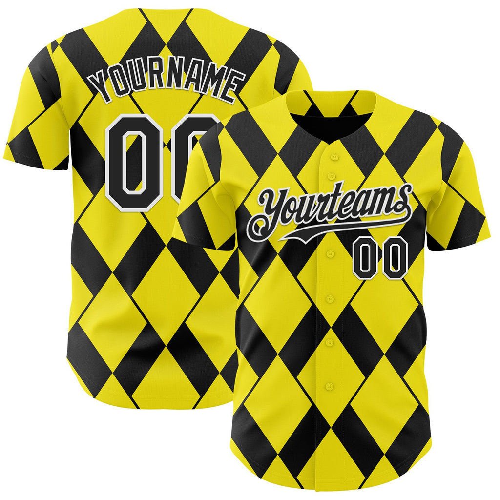 Custom Light Yellow Black-White Geometric Diamond Grid Rhombus Authentic Baseball Jersey