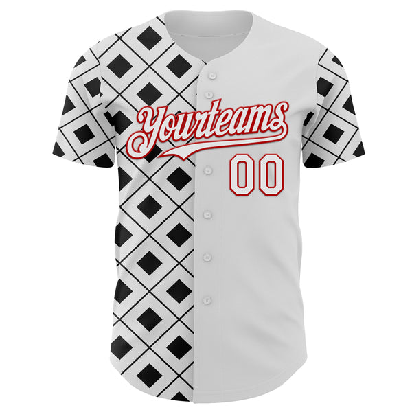Custom White Black-Red Geometric Diamond Grid Rhombus Authentic Baseball Jersey
