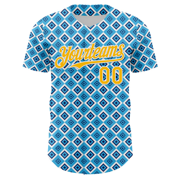 Custom Blue Gold-White Geometric Diamond Grid Rhombus Authentic Baseball Jersey