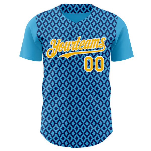 Custom Blue Gold-White Geometric Diamond Grid Rhombus Authentic Baseball Jersey