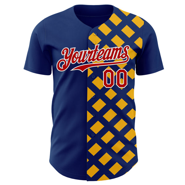 Custom US Navy Blue Red Gold-White Geometric Diamond Grid Rhombus Authentic Baseball Jersey