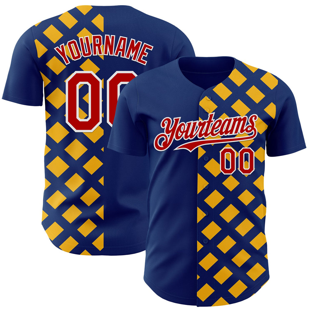 Custom US Navy Blue Red Gold-White Geometric Diamond Grid Rhombus Authentic Baseball Jersey