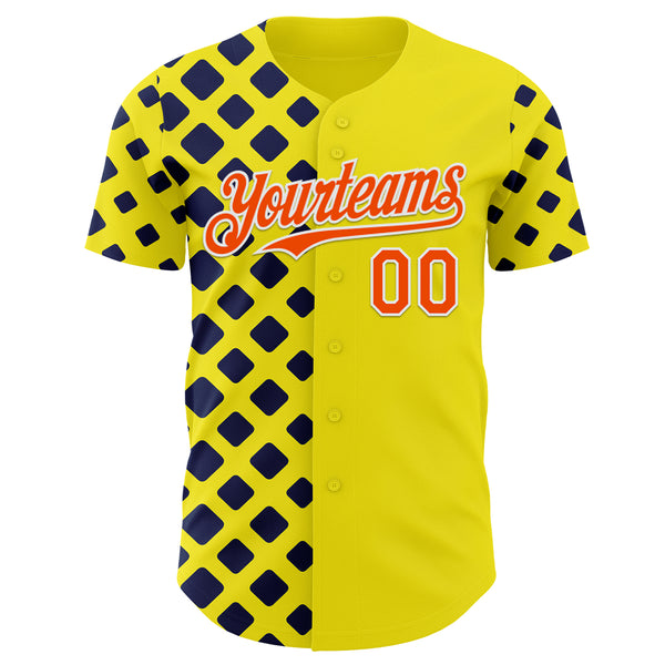 Custom Light Yellow Orange Navy-White Geometric Diamond Grid Rhombus Authentic Baseball Jersey