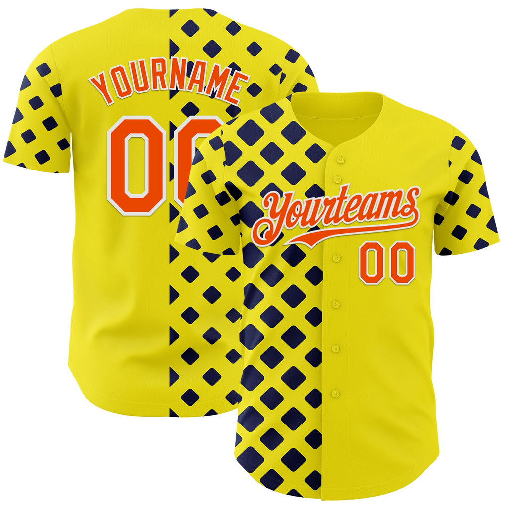 Custom Light Yellow Orange Navy-White Geometric Diamond Grid Rhombus Authentic Baseball Jersey