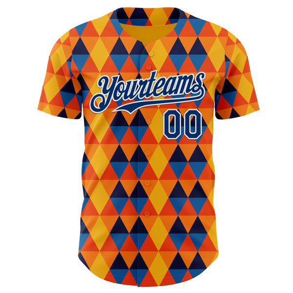 Custom Gold US Navy Blue Orange-White Geometric Diamond Grid Rhombus Authentic Baseball Jersey