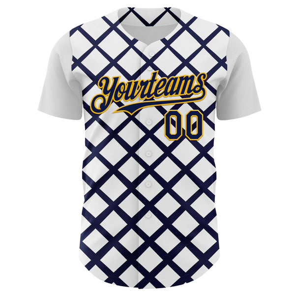 Custom White Navy-Gold Geometric Diamond Grid Rhombus Authentic Baseball Jersey