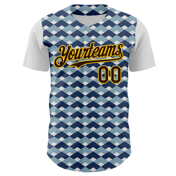 Custom White Brown Blue-Gold Geometric Diamond Grid Rhombus Authentic Baseball Jersey