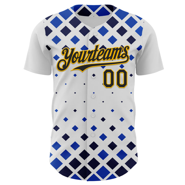 Custom White Black Blue-Gold Geometric Diamond Grid Rhombus Authentic Baseball Jersey