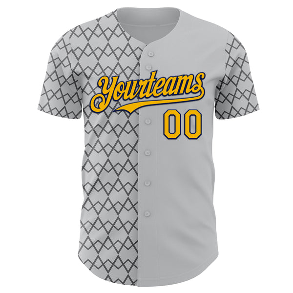 Custom Gray Gold-Navy Geometric Diamond Grid Rhombus Authentic Baseball Jersey