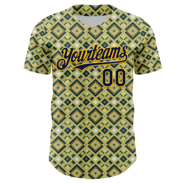Custom Green Navy-Gold Geometric Diamond Grid Rhombus Authentic Baseball Jersey