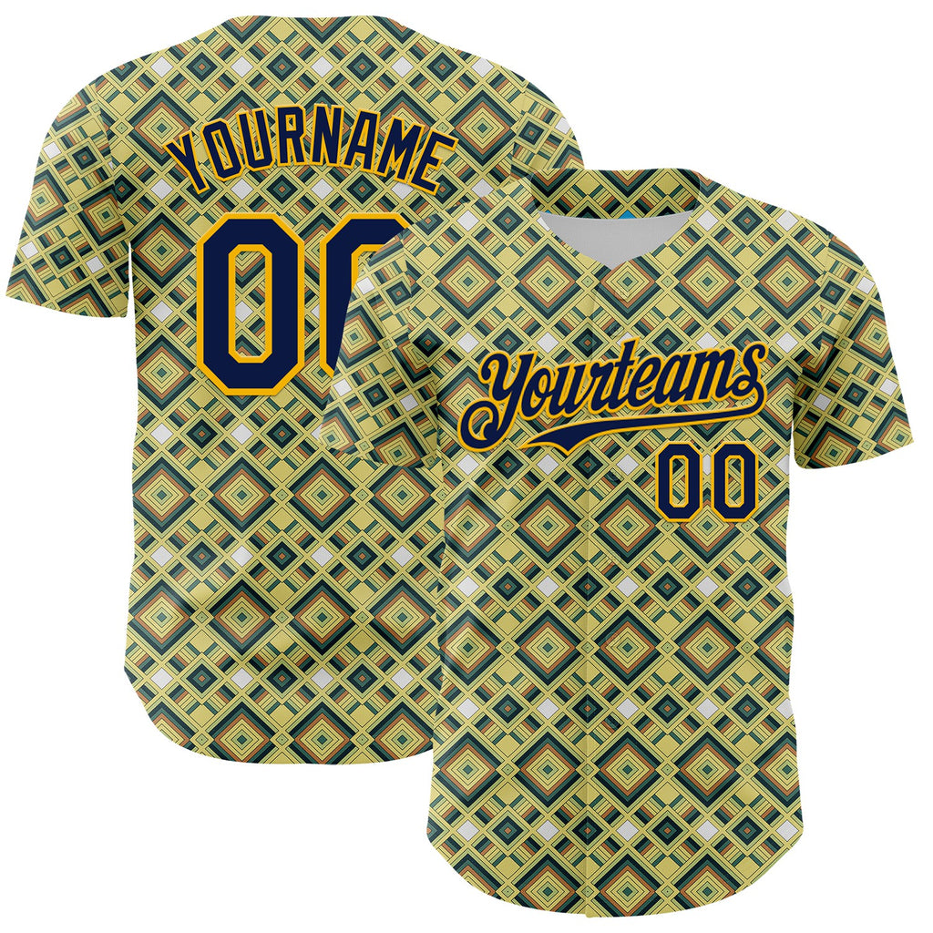 Custom Green Navy-Gold Geometric Diamond Grid Rhombus Authentic Baseball Jersey