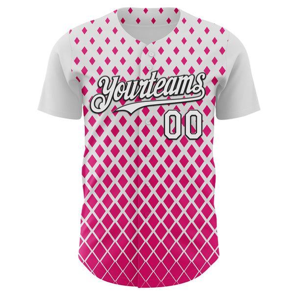 Custom White Pink-Black Geometric Diamond Grid Rhombus Authentic Baseball Jersey