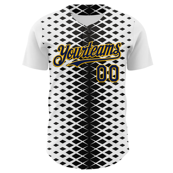 Custom White Navy Black-Gold Geometric Diamond Grid Rhombus Authentic Baseball Jersey