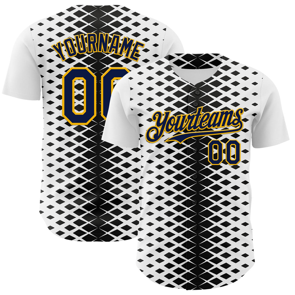 Custom White Navy Black-Gold Geometric Diamond Grid Rhombus Authentic Baseball Jersey