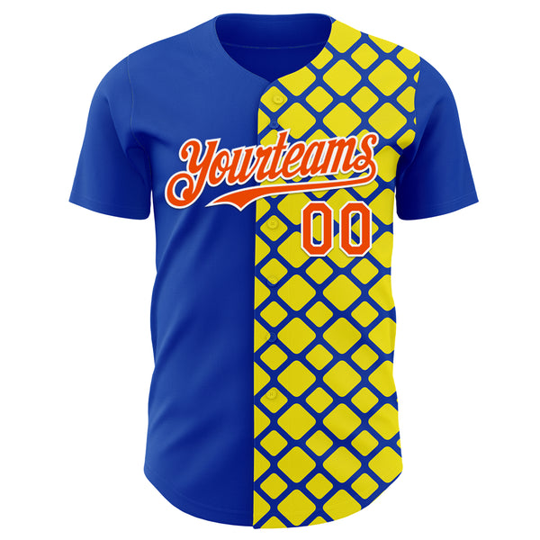Custom Thunder Blue Orange Light Yellow-White Geometric Diamond Grid Rhombus Authentic Baseball Jersey