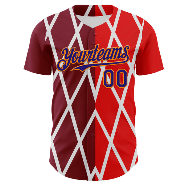 Custom White Dark Purple Red-Bay Orange Geometric Diamond Grid Rhombus Authentic Baseball Jersey