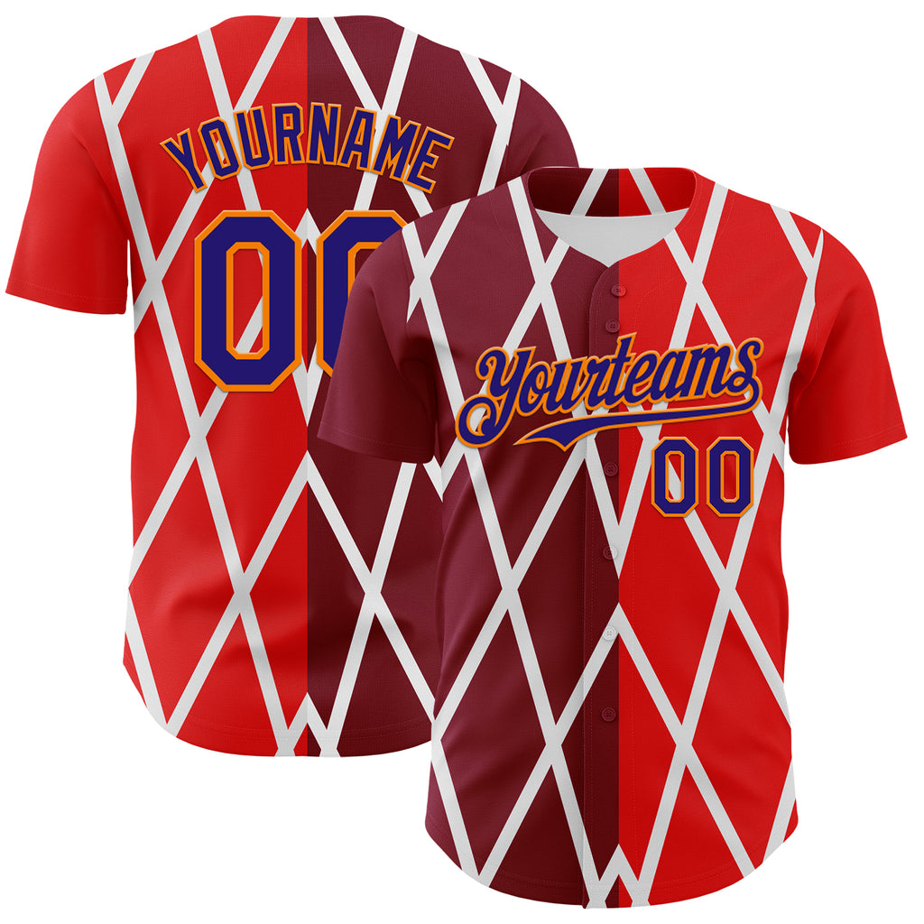 Custom White Dark Purple Red-Bay Orange Geometric Diamond Grid Rhombus Authentic Baseball Jersey