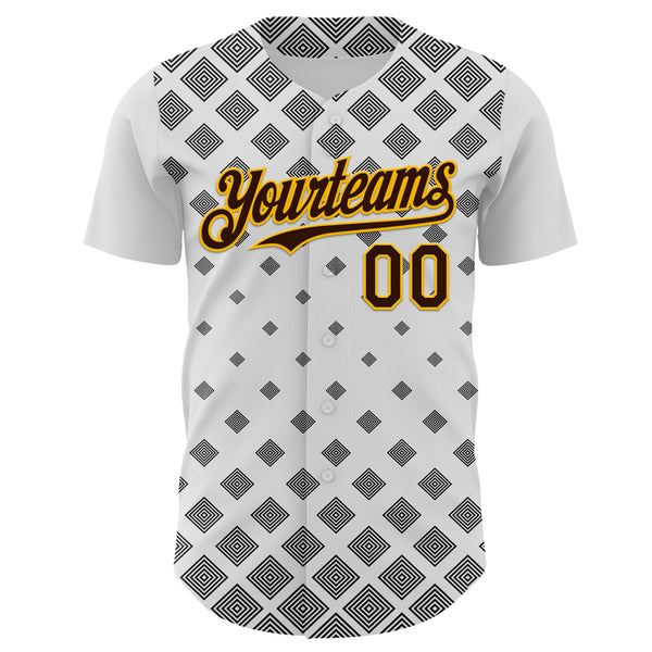 Custom White Brown Black-Gold Geometric Diamond Grid Rhombus Authentic Baseball Jersey