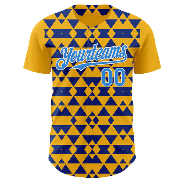 Custom Gold Electric Blue Royal-White Geometric Diamond Grid Rhombus Authentic Baseball Jersey