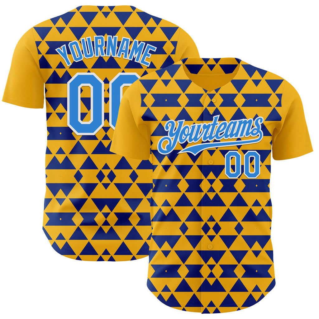 Custom Gold Electric Blue Royal-White Geometric Diamond Grid Rhombus Authentic Baseball Jersey