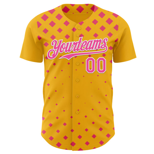 Custom Gold Pink-White Geometric Diamond Grid Rhombus Authentic Baseball Jersey