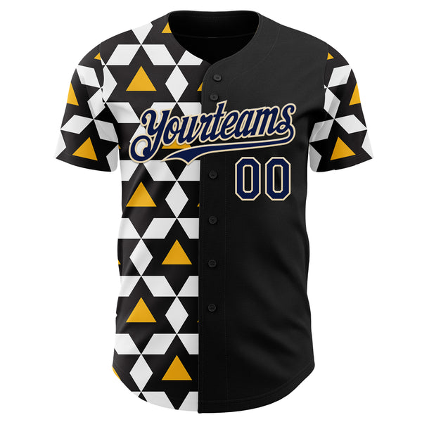 Custom Black Navy White Gold-Cream Geometric Diamond Grid Rhombus Authentic Baseball Jersey