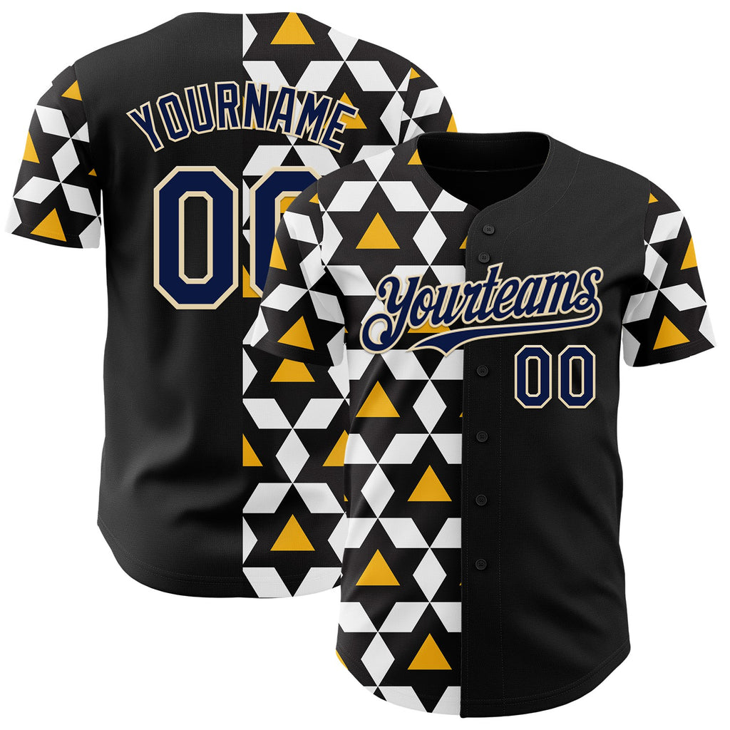 Custom Black Navy White Gold-Cream Geometric Diamond Grid Rhombus Authentic Baseball Jersey