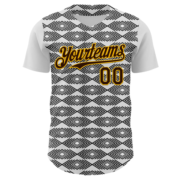 Custom White Brown Black-Gold Geometric Diamond Grid Rhombus Authentic Baseball Jersey