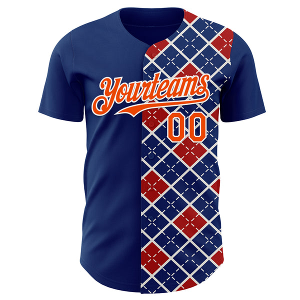Custom US Navy Blue Orange Red-White Geometric Diamond Grid Rhombus Authentic Baseball Jersey