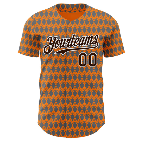 Custom Orange Brown Gray-White Geometric Diamond Grid Rhombus Authentic Baseball Jersey