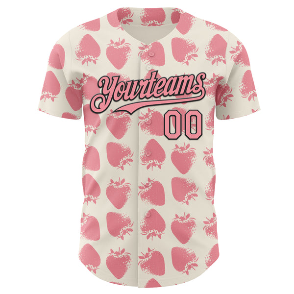 Custom Cream Medium Pink-Black Foodie Strawberry Authentic Baseball Jersey