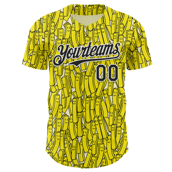 Custom Yellow Black-White Foodie Fries Authentic Baseball Jersey