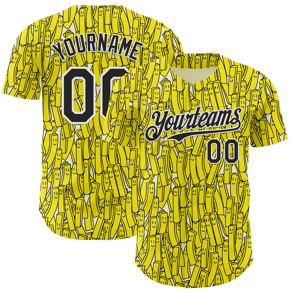 Custom Yellow Black-White Foodie Fries Authentic Baseball Jersey