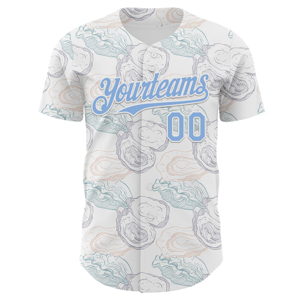Custom White-Light Blue Foodie Oysters Authentic Baseball Jersey