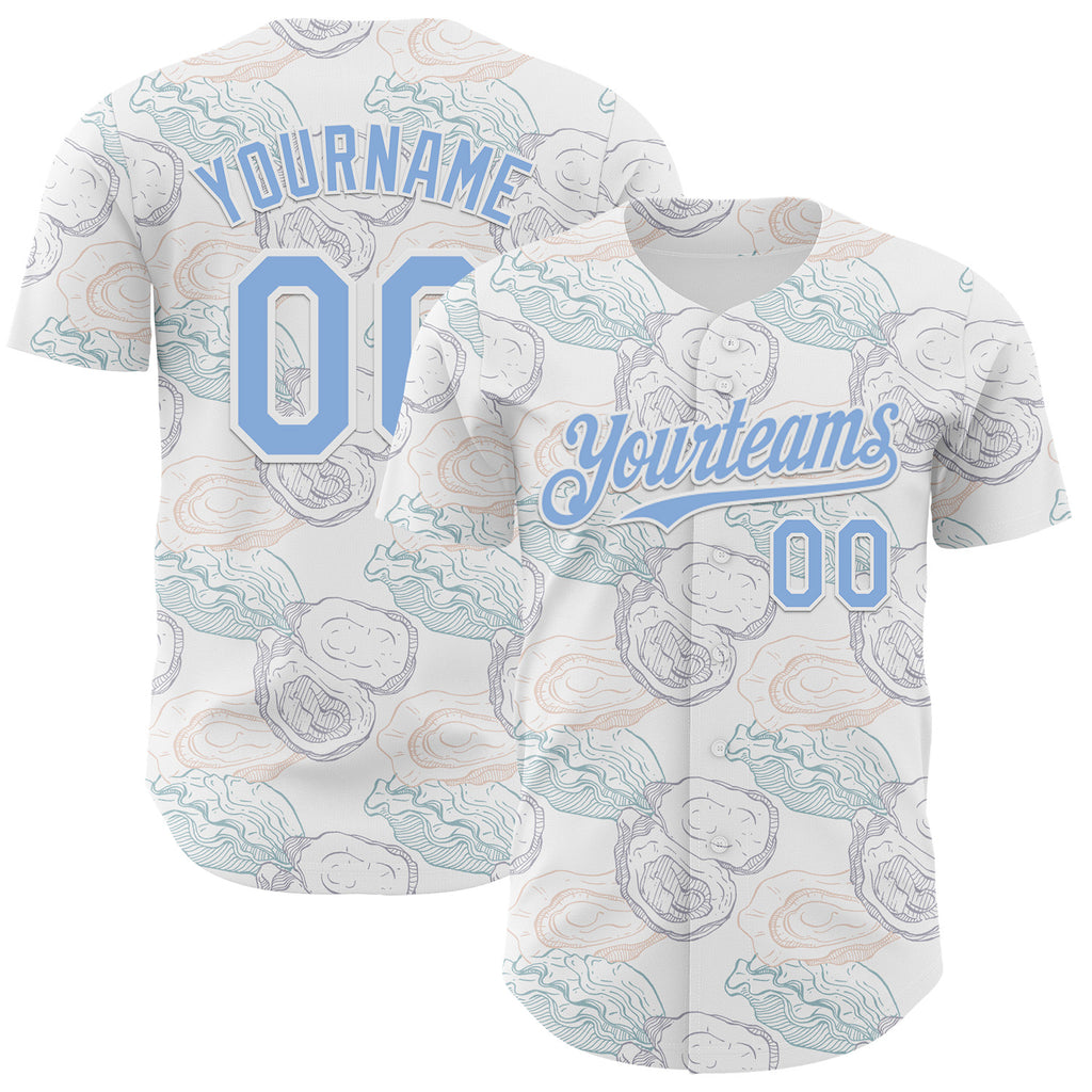 Custom White-Light Blue Foodie Oysters Authentic Baseball Jersey