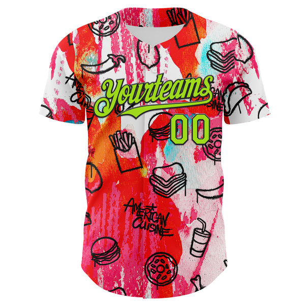 Custom Pink Neon Green-Black Foodie American Cuisine Fast Food Burger Fries & Pizza Authentic Baseball Jersey