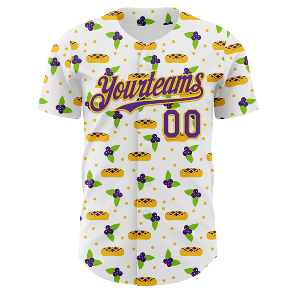 Custom White Purple-Gold Foodie Blueberry Pie Authentic Baseball Jersey
