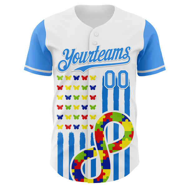 Custom White-Electric Blue Autism Awareness Support Puzzle Infinity Butterfly Authentic Baseball Jersey