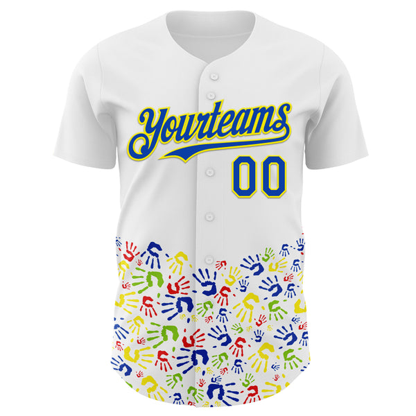 Custom White Thunder Blue-Light Yellow Autism Acceptance Handprint Rainbow Infinity Authentic Baseball Jersey