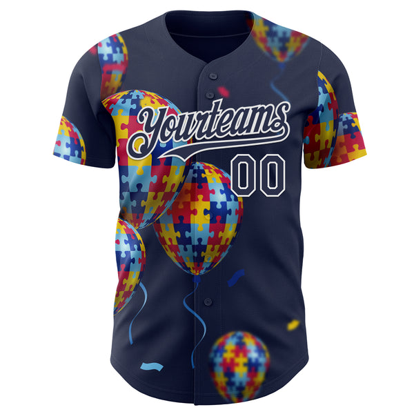 Custom Navy-White Autism Awareness Support Puzzle Infinity Balloon Authentic Baseball Jersey