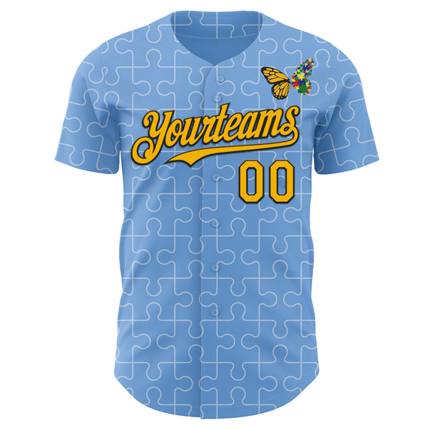 Custom Light Blue Gold-Black Autism Awareness Support Puzzle Infinity Butterfly Authentic Baseball Jersey