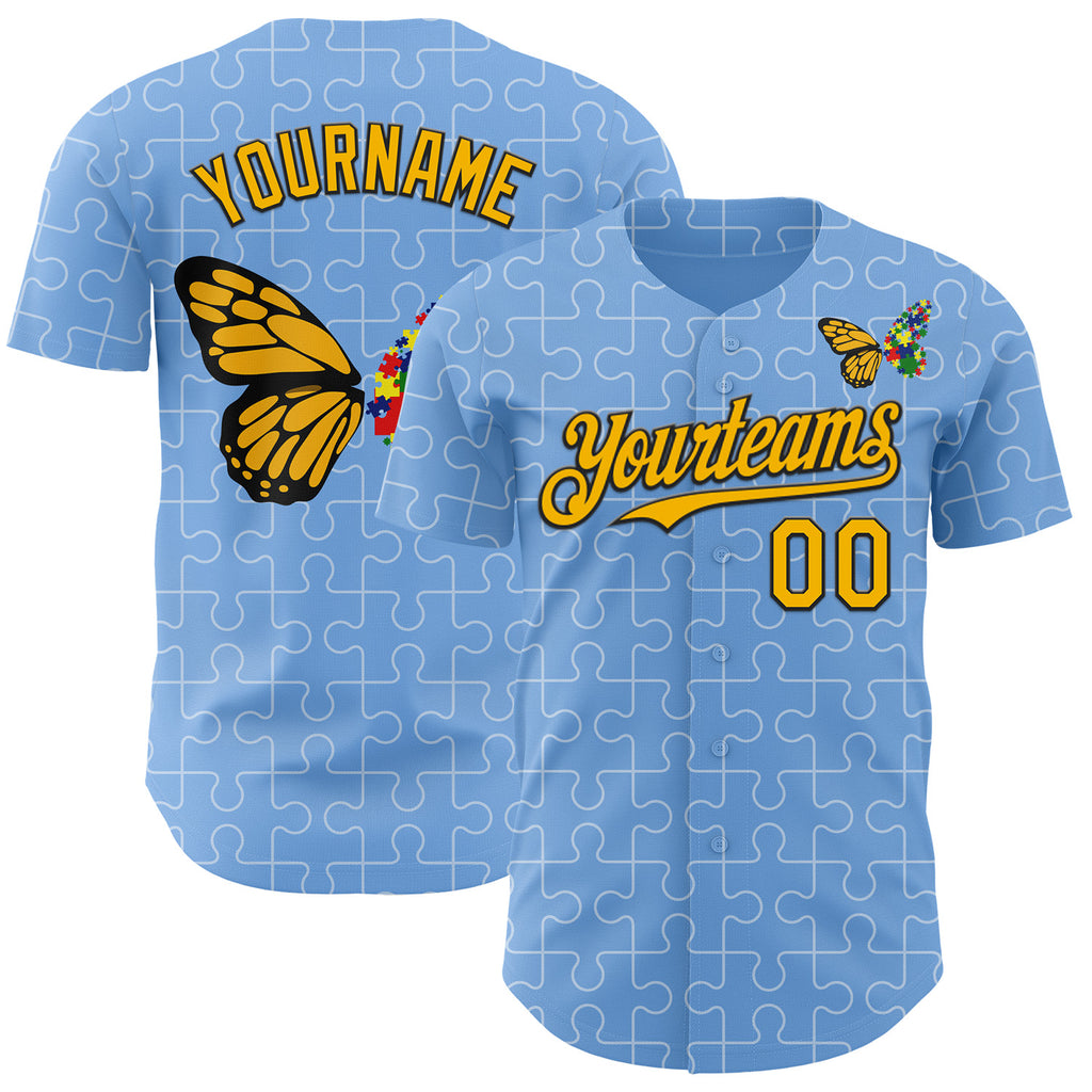 Custom Light Blue Gold-Black Autism Awareness Support Puzzle Infinity Butterfly Authentic Baseball Jersey