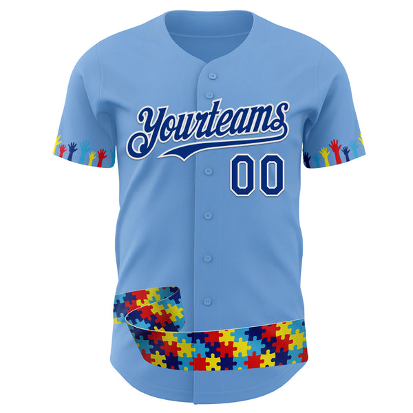 Custom Light Blue Royal-White Autism Awareness Support Puzzle Infinity Authentic Baseball Jersey