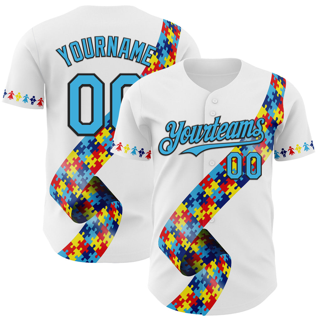 Custom White Sky Blue-Black Autism Awareness Support Puzzle Infinity Authentic Baseball Jersey