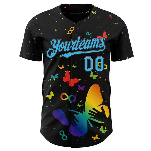 Custom Black-Sky Blue Autism Acceptance Rainbow Infinity Authentic Baseball Jersey