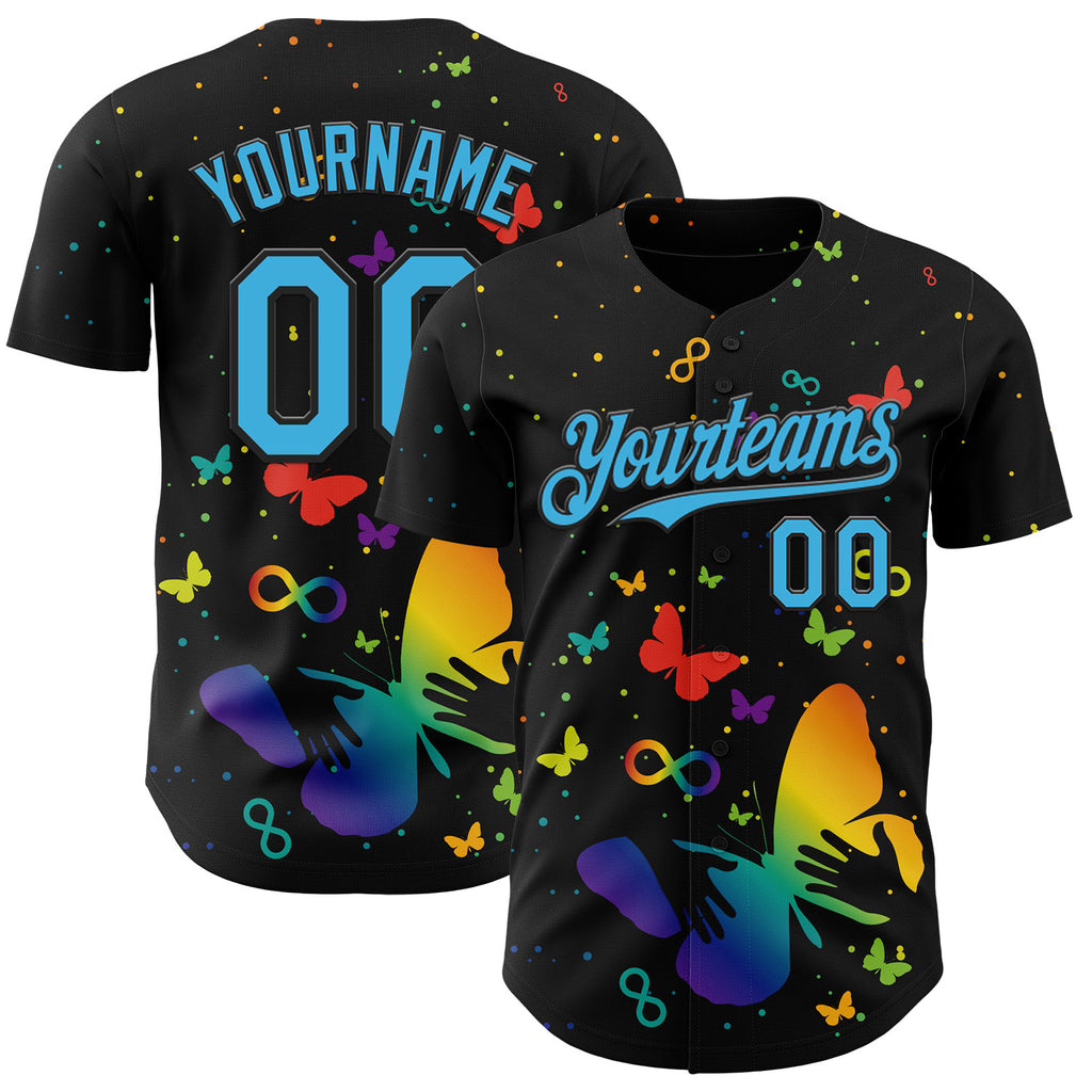 Custom Black-Sky Blue Autism Acceptance Rainbow Infinity Authentic Baseball Jersey