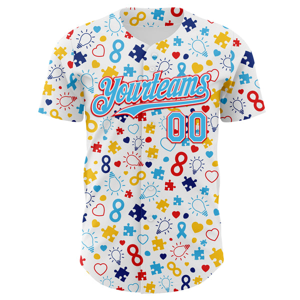 Custom White Sky Blue-Fire Red Autism Awareness Puzzle Infinity Authentic Baseball Jersey