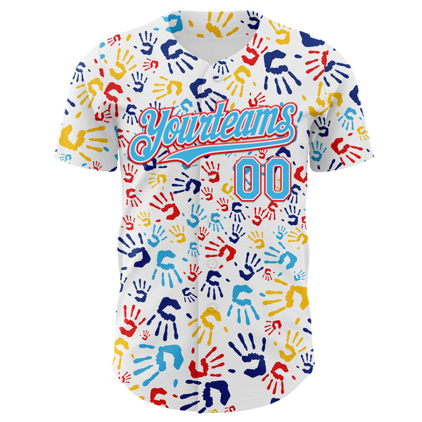 Custom White Sky Blue-Fire Red Autism Acceptance Infinity Handprint Authentic Baseball Jersey